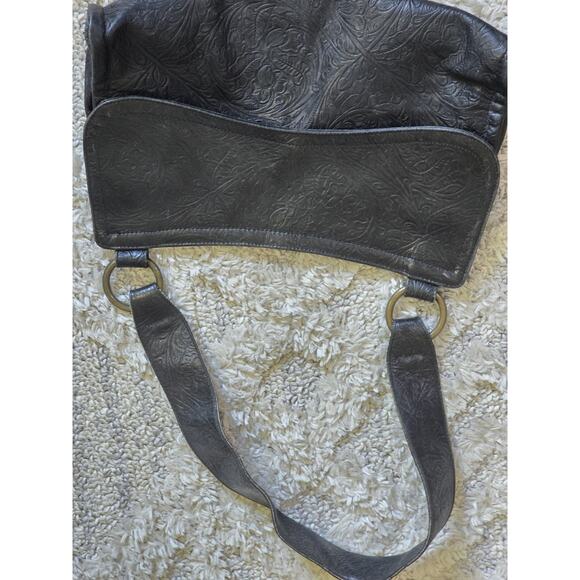 Nancy Bacich Womens Leather Floral Textures Shoulder Handbag‎ Black Brass VTG - Picture 8 of 10